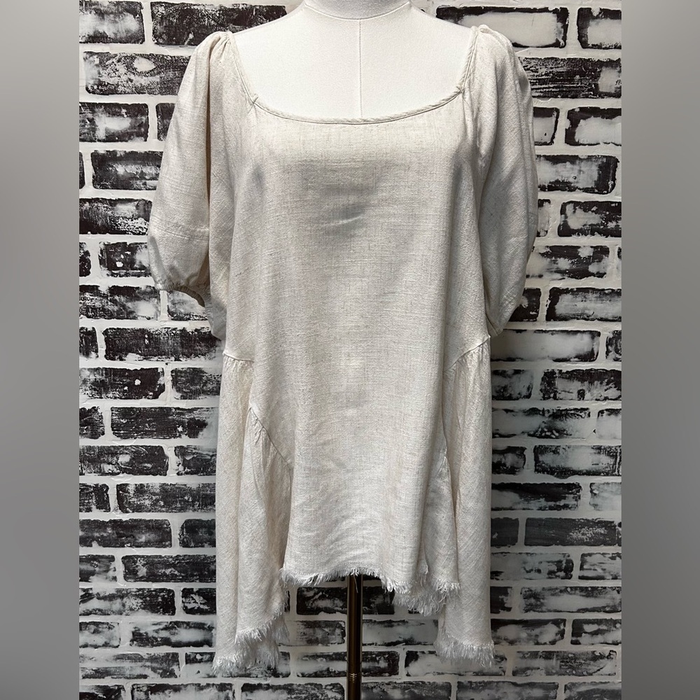 Umgee Oatmeal Linen Blend Rustic Boho Lagenlook Ballon Sleeve Top Size M